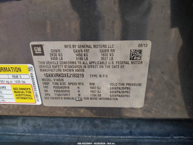 Aukcja sprzedaży 2014 Gmc Acadia Slt-1, vin: 1GKKVRKDXEJ180219, numer aukcji: 45235904