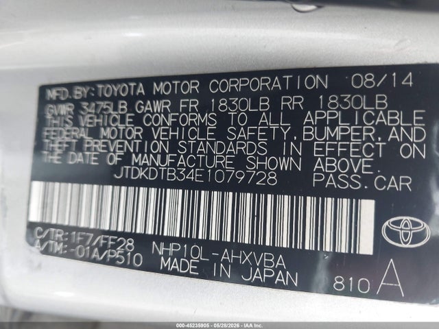 Aukcja sprzedaży 2014 Toyota Prius C Two, vin: JTDKDTB34E1079728, numer aukcji: 45235905