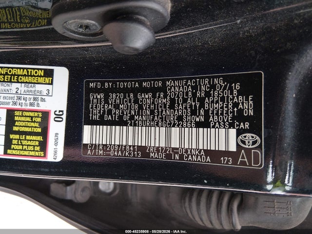 45235908 :رقم المزاد ، 2T1BURHE8GC722866 vin ، 2016 Toyota Corolla Le مزاد بيع