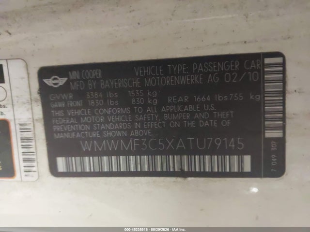 Aukcja sprzedaży 2010 Mini Cooper, vin: WMWMF3C5XATU79145, numer aukcji: 45235916