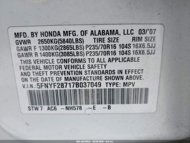 Aukcja sprzedaży 2007 Honda Pilot Ex-l, vin: 5FNYF28717B037049, numer aukcji: 45235925
