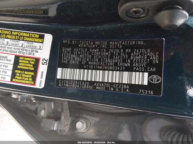 4T1B11HK7KU803431 Toyota CAMRY SE