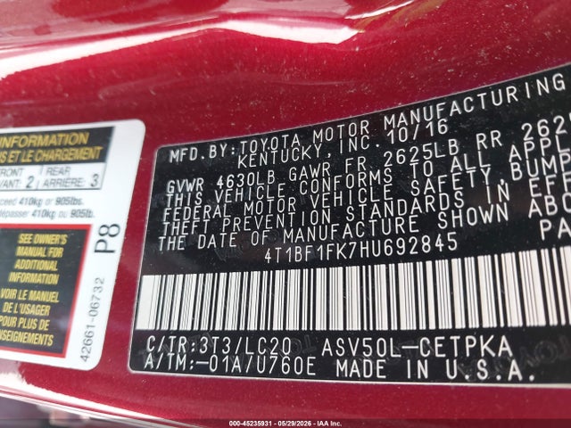 45235931 :رقم المزاد ، 4T1BF1FK7HU692845 vin ، 2017 Toyota Camry Xse مزاد بيع