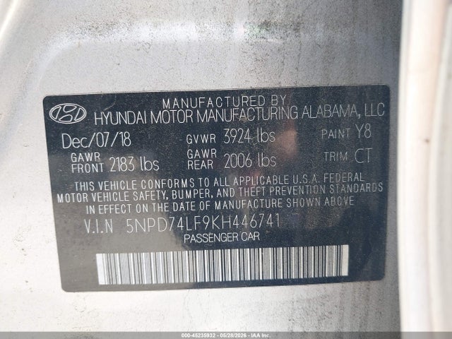 45235932 :رقم المزاد ، 5NPD74LF9KH446741 vin ، 2019 Hyundai Elantra Se مزاد بيع