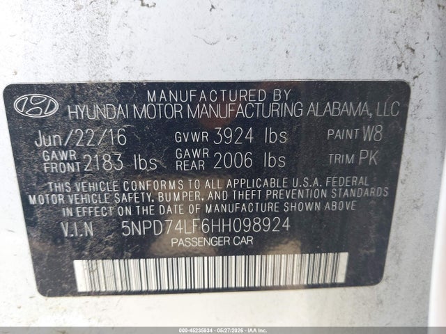 2017 Hyundai Elantra Se მანქანა იყიდება აუქციონზე, vin: 5NPD74LF6HH098924, აუქციონის ნომერი: 45235934