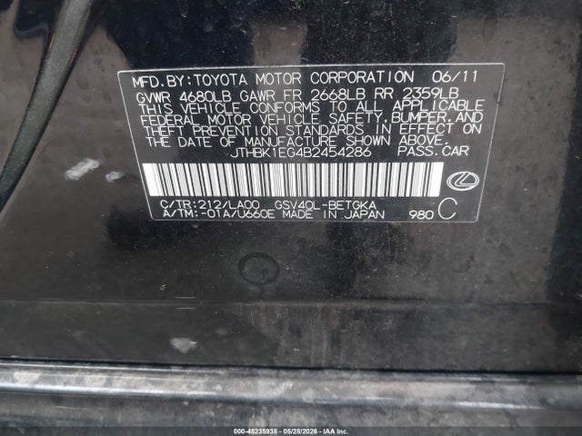 45235938 :رقم المزاد ، JTHBK1EG4B2454286 vin ، 2011 Lexus Es 350 مزاد بيع