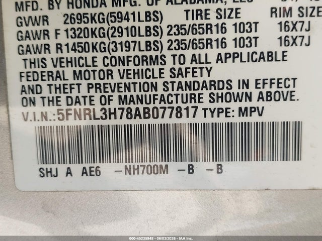 Продажа на аукционе авто 2010 Honda Odyssey Ex-l, vin: 5FNRL3H78AB077817, номер лота: 45235948
