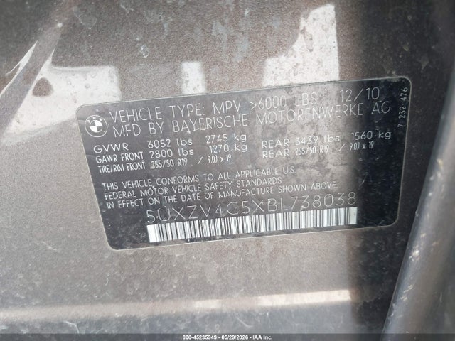 2011 Bmw X5 მანქანა იყიდება აუქციონზე, vin: 5UXZV4C5XBL738038, აუქციონის ნომერი: 45235949