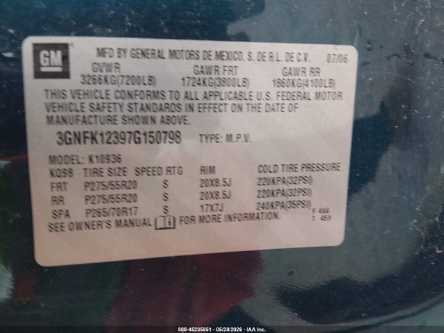 Продаж на аукціоні авто 2007 Chevrolet Avalanche 1500 Ltz, vin: 3GNFK12397G150798, номер лоту: 45235951