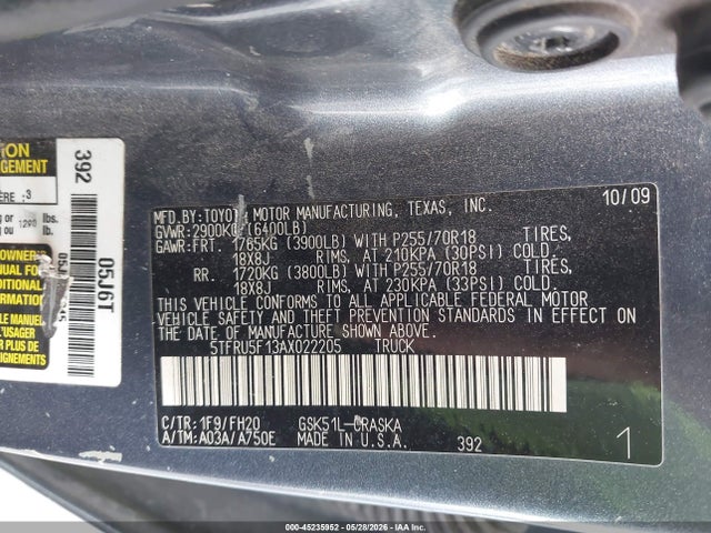 Продажа на аукционе авто 2010 Toyota Tundra Grade V6, vin: 5TFRU5F13AX022205, номер лота: 45235952
