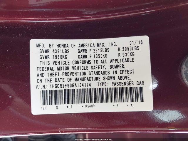 1HGCR2F90GA104174 Honda Accord Ex-l