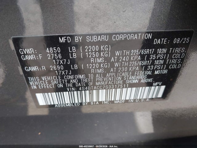 Aukcja sprzedaży 2025 Subaru Outback Premium, vin: 4S4BTACC7S3317511, numer aukcji: 45235957