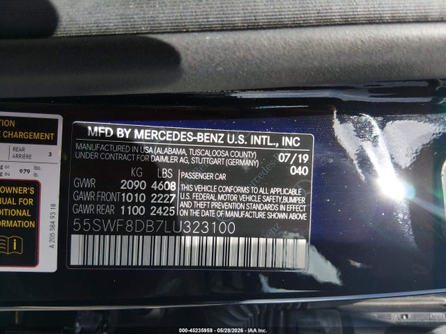 Aukcja sprzedaży 2020 Mercedes-benz C 300, vin: 55SWF8DB7LU323100, numer aukcji: 45235959