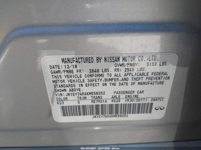 45235963 :رقم المزاد ، JN1EV7AR4KM558252 vin ، 2019 Infiniti Q50 3.0t Luxe مزاد بيع