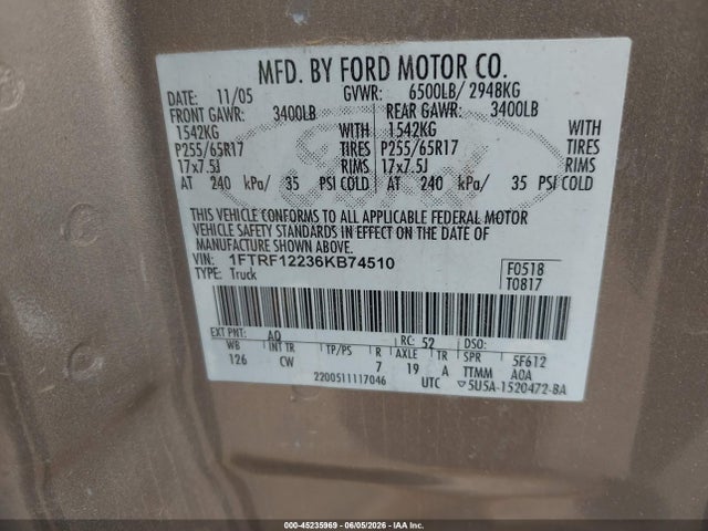Aukcja sprzedaży 2006 Ford F-150 Stx/xl/xlt, vin: 1FTRF12236KB74510, numer aukcji: 45235969