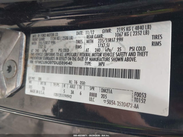 45235971 :رقم المزاد ، 1FMCU9G97DUB89640 vin ، 2013 Ford Escape Se مزاد بيع