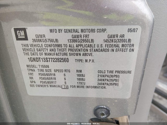 45235973 :رقم المزاد ، 1GNDT13S772282560 vin ، 2007 Chevrolet Trailblazer Lt مزاد بيع