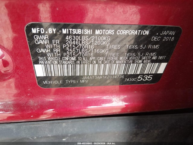 45235983 :رقم المزاد ، JA4AT3AA1KZ034736 vin ، 2019 Mitsubishi Eclipse Cross Es مزاد بيع