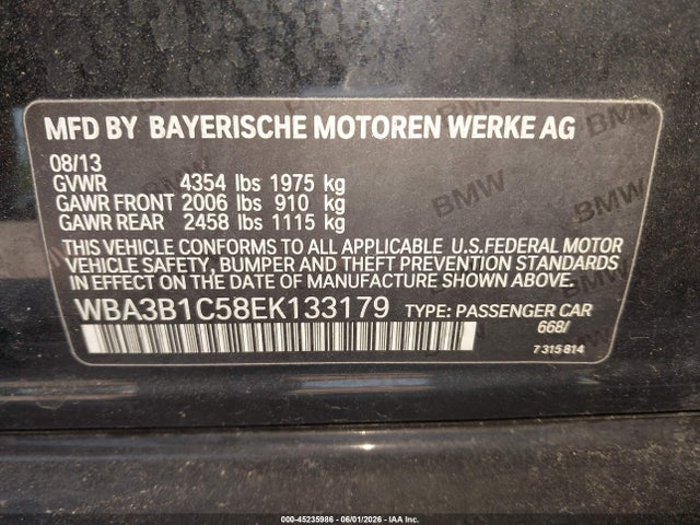 45235986 :رقم المزاد ، WBA3B1C58EK133179 vin ، 2014 Bmw 320i مزاد بيع