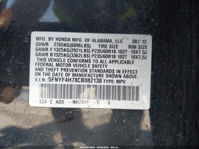 Продаж на аукціоні авто 2012 Honda Pilot Ex-l, vin: 5FNYF4H78CB082138, номер лоту: 45235989