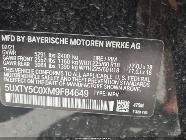 Продажа на аукционе авто 2021 Bmw X3 Xdrive30i, vin: 5UXTY5C0XM9F84649, номер лота: 45235993