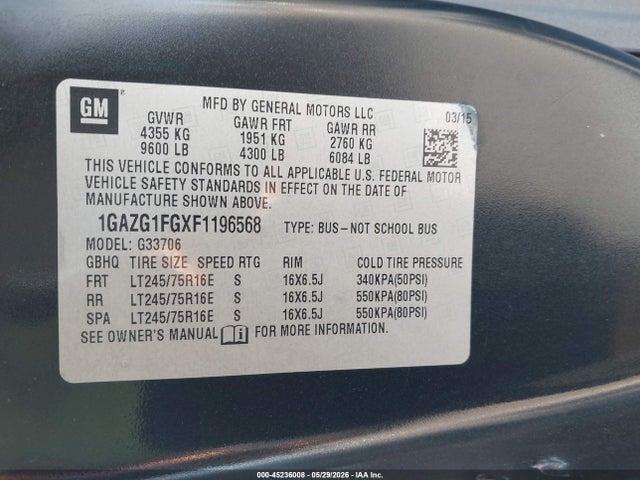 Aukcja sprzedaży 2015 Chevrolet Express 3500 Lt, vin: 1GAZG1FGXF1196568, numer aukcji: 45236008
