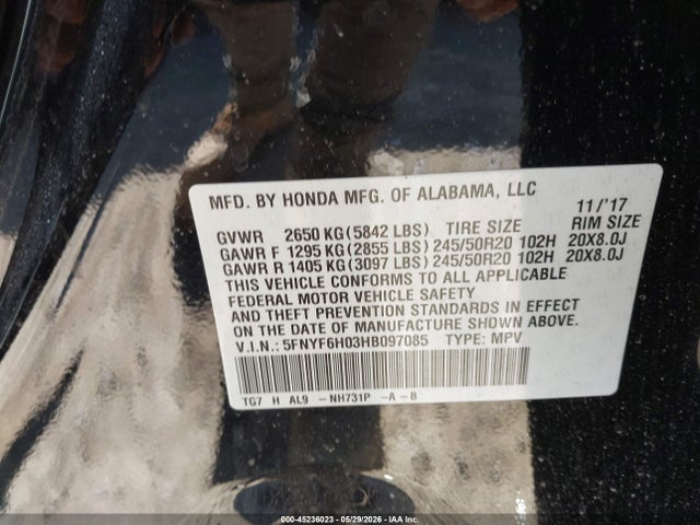 Aukcja sprzedaży 2017 Honda Pilot Elite, vin: 5FNYF6H03HB097085, numer aukcji: 45236023