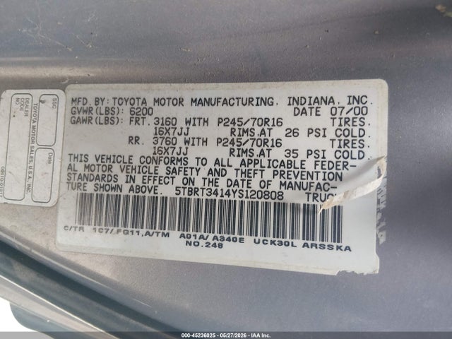 2000 Toyota Tundra Sr5 V8 მანქანა იყიდება აუქციონზე, vin: 5TBRT3414YS120808, აუქციონის ნომერი: 45236025