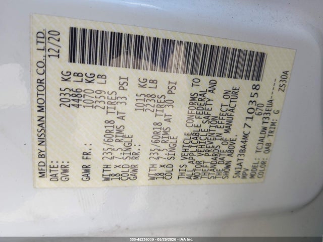 5N1AT3BA4MC710358 Nissan Rogue Sv Fwd