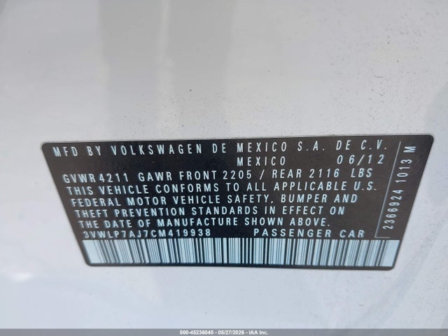 Aukcja sprzedaży 2012 Volkswagen Jetta 2.5l Sel Premium, vin: 3VWLP7AJ7CM419938, numer aukcji: 45236040