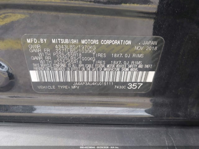 2019 Mitsubishi Outlander Sport 2.0 Es მანქანა იყიდება აუქციონზე, vin: JA4AP3AU4KU015111, აუქციონის ნომერი: 45236044