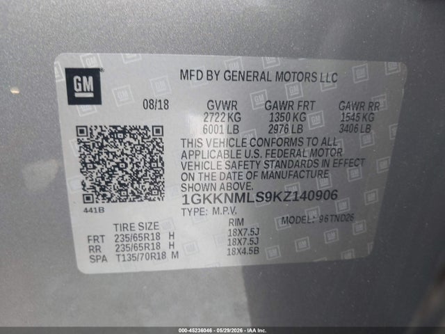 Продаж на аукціоні авто 2019 Gmc Acadia Slt-1, vin: 1GKKNMLS9KZ140906, номер лоту: 45236046