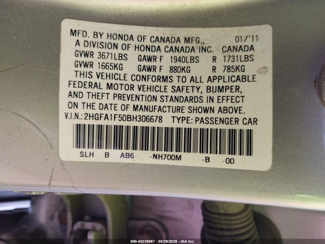 2011 Honda Civic Lx მანქანა იყიდება აუქციონზე, vin: 2HGFA1F50BH306678, აუქციონის ნომერი: 45236067