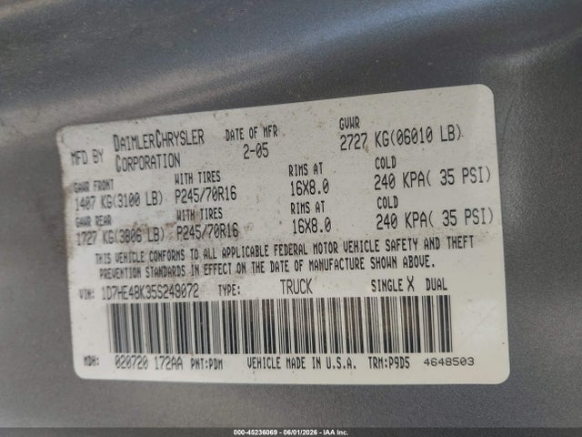 45236069 :رقم المزاد ، 1D7HE48K35S249072 vin ، 2005 Dodge Dakota Slt مزاد بيع