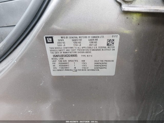 Aukcja sprzedaży 2012 Chevrolet Equinox 1lt, vin: 2GNFLEE5XC6249685, numer aukcji: 45236070