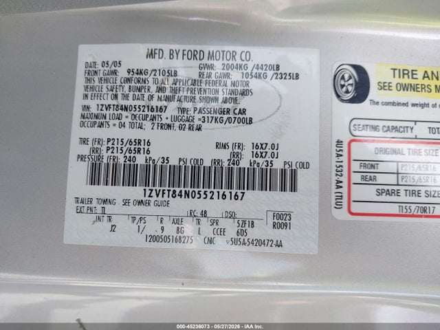 2005 Ford Mustang მანქანა იყიდება აუქციონზე, vin: 1ZVFT84N055216167, აუქციონის ნომერი: 45236073