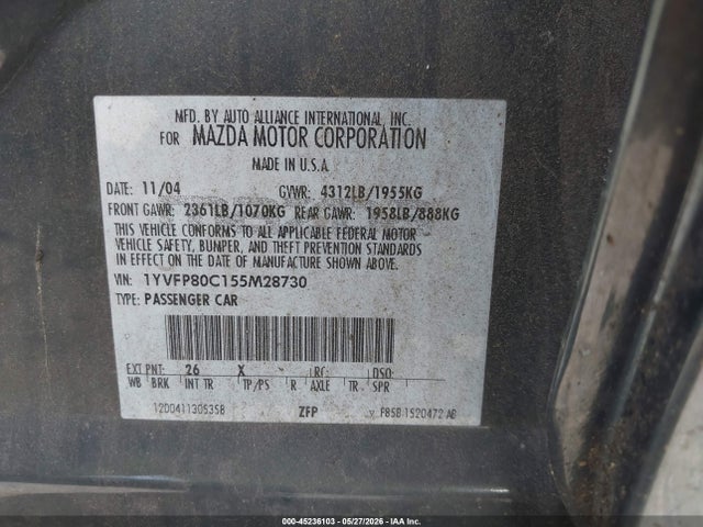 Продаж на аукціоні авто 2005 Mazda Mazda6 I Base, vin: 1YVFP80C155M28730, номер лоту: 45236103