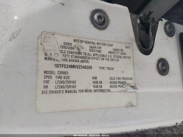 Продаж на аукціоні авто 1997 Gmc Sierra 2500 Sl, vin: 1GTFC24M6VZ548288, номер лоту: 45236109