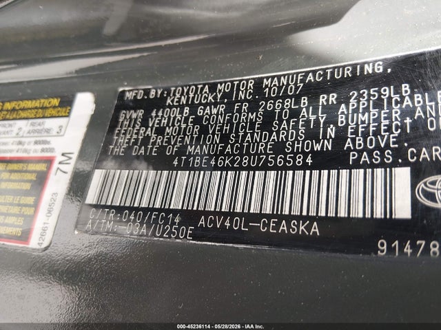 45236114 :رقم المزاد ، 4T1BE46K28U756584 vin ، 2008 Toyota Camry Se مزاد بيع