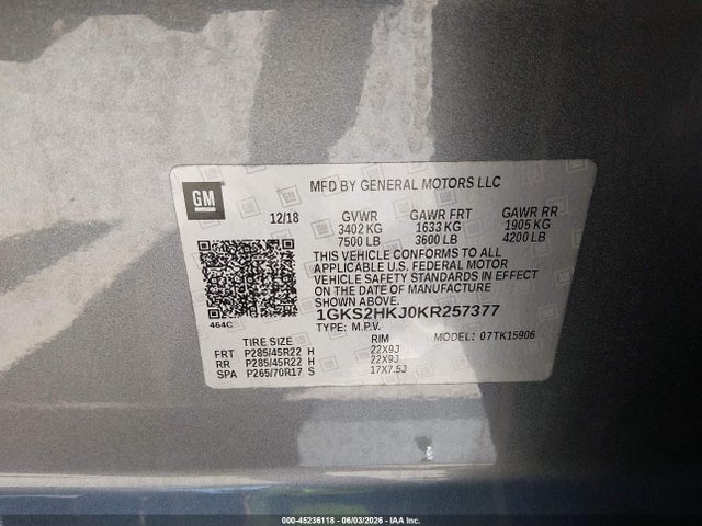 Aukcja sprzedaży 2019 Gmc Yukon Xl Denali, vin: 1GKS2HKJ0KR257377, numer aukcji: 45236118