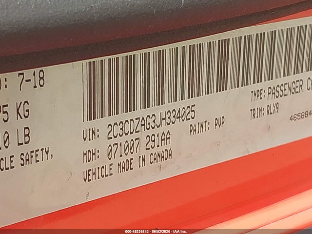 2C3CDZAG3JH334025 Dodge Challenger Sxt Plus