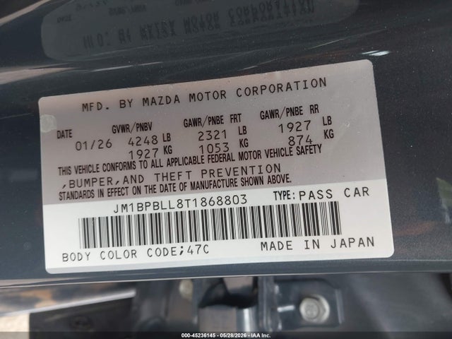 Продаж на аукціоні авто 2026 Mazda Mazda3 2.5 S Carbon Edition, vin: JM1BPBLL8T1868803, номер лоту: 45236145