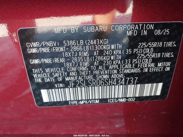 45236150 :رقم المزاد ، JF2SLSRD6SH434737 vin ، 2025 Subaru Forester Limited Hybrid مزاد بيع