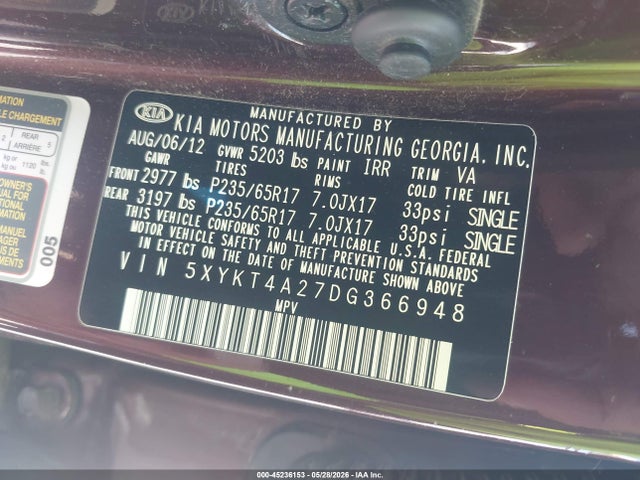 Продажа на аукционе авто 2013 Kia Sorento Lx V6, vin: 5XYKT4A27DG366948, номер лота: 45236153