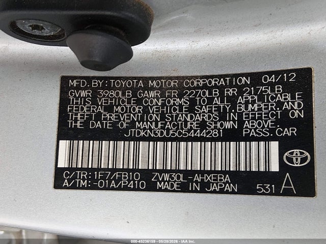 Aukcja sprzedaży 2012 Toyota Prius Two, vin: JTDKN3DU5C5444281, numer aukcji: 45236159