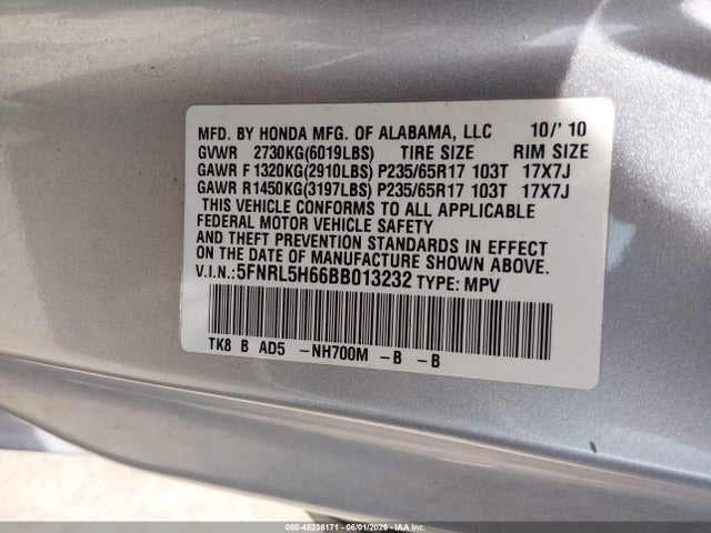 Aukcja sprzedaży 2011 Honda Odyssey Ex-l, vin: 5FNRL5H66BB013232, numer aukcji: 45236171