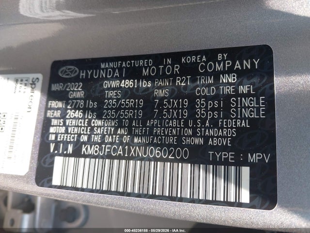 2022 Hyundai Tucson Hybrid Sel Convenience მანქანა იყიდება აუქციონზე, vin: KM8JFCA1XNU060200, აუქციონის ნომერი: 45236188