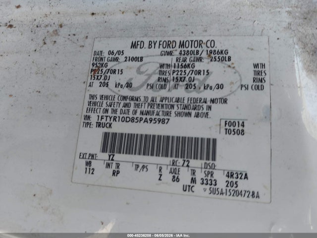 45236208 :رقم المزاد ، 1FTYR10D85PA95987 vin ، 2005 Ford Ranger مزاد بيع