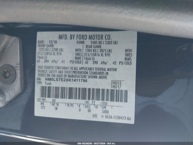 2019 Ford Transit Connect Xl მანქანა იყიდება აუქციონზე, vin: NM0LS7E2XK1411796, აუქციონის ნომერი: 45236209