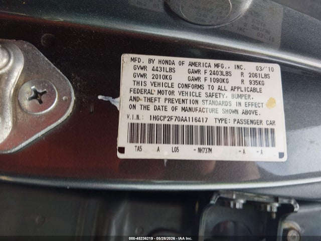 45236219 :رقم المزاد ، 1HGCP2F70AA116417 vin ، 2010 Honda Accord 2.4 Ex مزاد بيع
